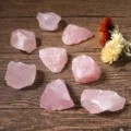 May include: A collection of eight rough-cut rose quartz crystals, each with a soft pink hue. The crystals are scattered on a dark wooden surface, with a few dried flowers in the background. The crystals vary in size and shape, showcasing natural textures.