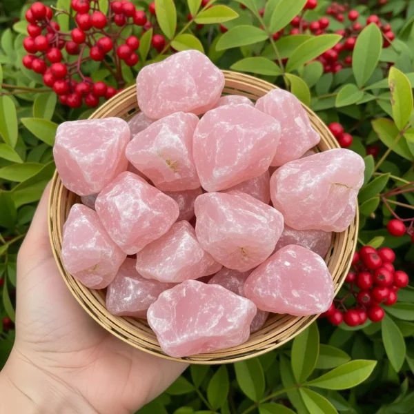 Rough pink rose quartz chunks in a dish Rough pink rose quartz chunks in a dish
