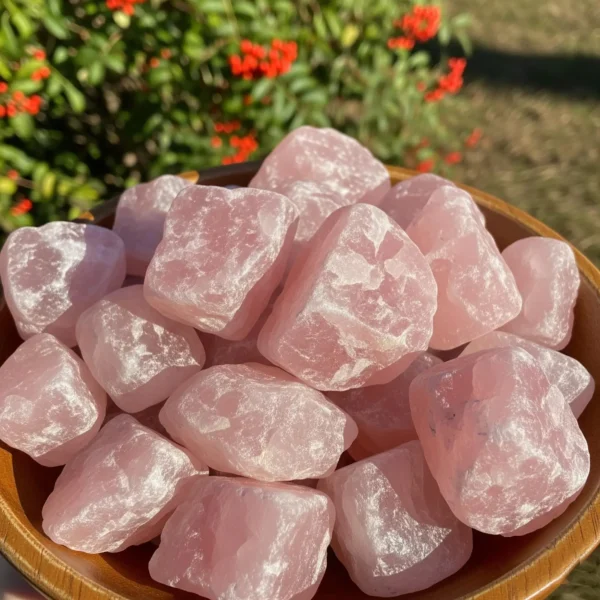 May include: A wooden bowl filled with raw, light pink rose quartz stones. The stones have a rough, natural texture and varying sizes. The background features g May include: A wooden bowl filled with raw, light pink rose quartz stones. The stones have a rough, natural texture and varying sizes. The background features green foliage and red berries, creating a natural setting.