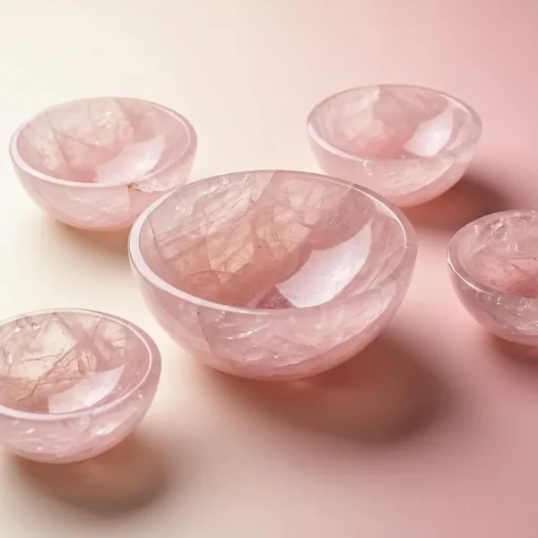 May include: Five rose quartz bowls of varying sizes are arranged on a pink surface. The bowls have a translucent, pink hue with natural veining patterns. The b May include: Five rose quartz bowls of varying sizes are arranged on a pink surface. The bowls have a translucent, pink hue with natural veining patterns. The bowls are smooth and polished, reflecting light.