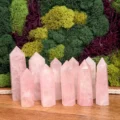Rose quartz towers arranged in a row